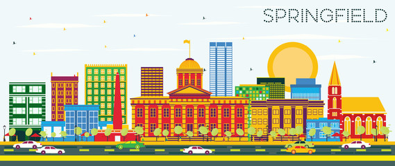 Naklejka premium Springfield Skyline with Color Buildings and Blue Sky.