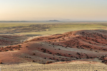 Panoramic view of picturesque landscape with plants on hills 
