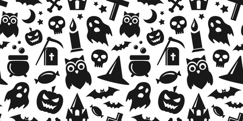 Happy Halloween. Vector seamless pattern in black and white colors with pumpkin, bats, ghost and skull icons.
