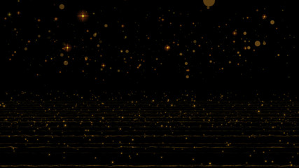 Bokeh Golden glowing star particle in random direction with bounce on spotlight ground abstract black background animation motion, dust background