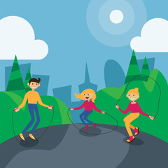 Family of dad, mom and daughter having outdoor fitness with jumping rope. Vector square illustration of sunny day in city park