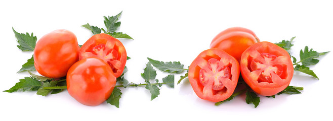 Fresh red tomatoes on a white background.