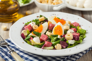 Delicious Italian salad with salami, egg, crostini and mozzarella.