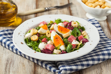 Delicious Italian salad with salami, egg, crostini and mozzarella.