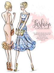 Fashion collection advertising brochure with set of beautiful women models, beauty girls hand drawn vector illustration