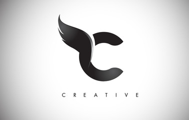 C Letter Wings Logo Design with Black Bird Fly Wing Icon.