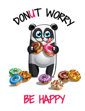 Vector illustration of cartoon panda with donuts.