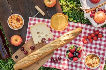 Abwaschbare Fototapete Picknick Picknick-Essen und Roséwein auf grünem Gras mit Exemplar