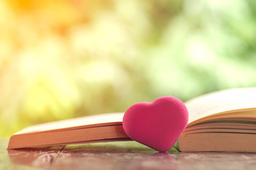 Open book with red heart in morning light background