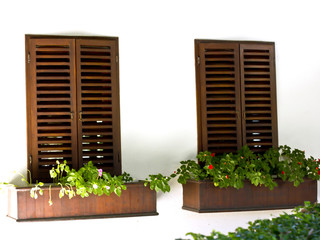 Light wall with dark brown wooden shutters and wooden boxes with flowers