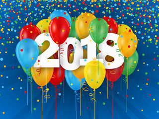 2018 with multicoloured balloons, streamers and confetti