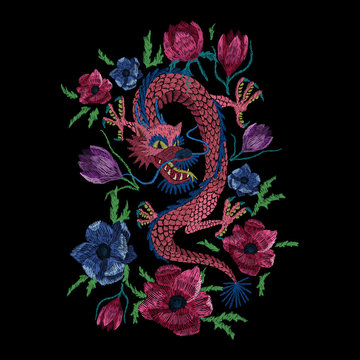 Eastern Chinese dragon and roses. Traditional stylish floral embroidery stitch on a black background. Sketch for printing on fabric, clothing, bag, accessories and design. Vector, trend