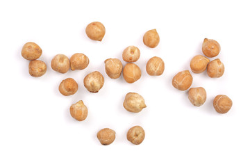 Dry raw organic chickpeas isolated on white background. Top view