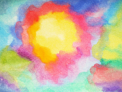 abstract art sun, sunny rainbow colorful watercolor painting background hand drawing