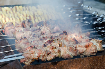 barbecue. on the grill. Meat is fried at the stake. Picnic in the yard in nature.