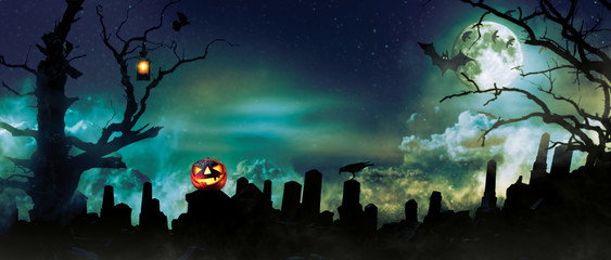 Spooky halloween background with graveyard stones silhouettes