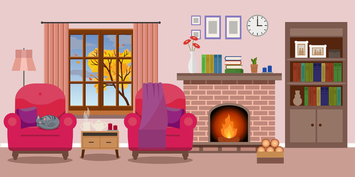 Cozy Living room interior with a fireplace and two chairs, window autumn view. Vector illustration in flat style, design template