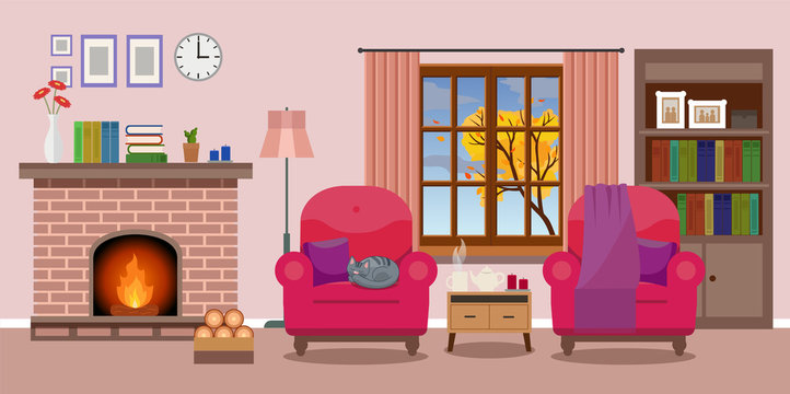 Cozy Living room interior with a fireplace and two chairs, window autumn view. Vector illustration in flat style, design template