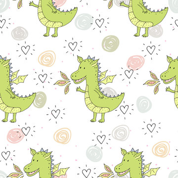 Cute hand drawn seamless pattern with funny dragons
