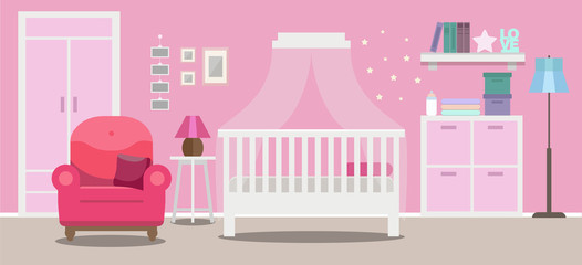 Cozy Nursery interior, baby girl's room, flat style vector illustration template