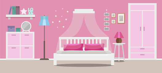 Girl's room interior, teenager room, pink colors, flat style vector illustration template
