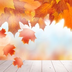 Naklejka na ściany i meble Autumn Background with Colorful Leaves and White Empty Wooden Table, Vintage Outdoor Template