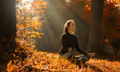A young woman make yoga position at sunrise. in the autumn forest. - 177245307