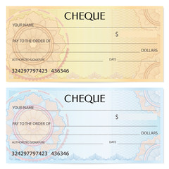 Check (cheque), Chequebook template. Guilloche pattern with watermark, spirograph. Background for banknote, money design, currency, bank note, Voucher, Gift certificate, Coupon, ticket