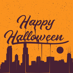Happy Halloween dripping sign with city silhouette. Vector illustration.