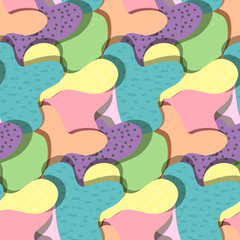 Abstract color blots with shadow seamless pattern in memphis style. Fashion texture in trendy pastel colors with spots and dots for textile, cover, surface, banner design, wallpaper, background