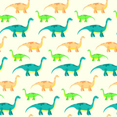 Vector seamless pattern with cute diplodocus. Kids texture with funny dinosaurs for textile, wrapping paper, background, cards, party banners, baby shower, children room wallpaper decoration