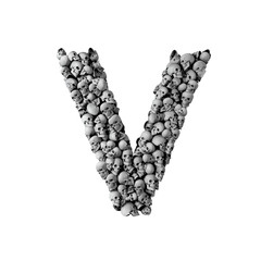 Skull font letter V. Letter made from lots of skulls. 3D Rendering 