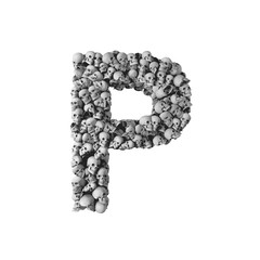 Skull font letter P. Letter made from lots of skulls. 3D Rendering 