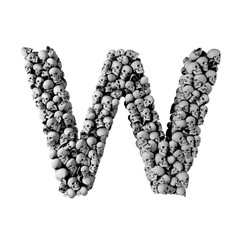 Skull font letter W. Letter made from lots of skulls. 3D Rendering 