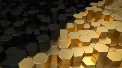 Abstrakter sechseckiger geometrischer Hintergrund. Struktur von vielen Metallsechsecken. Glänzendes Wabenmuster. Kreative geometrische Elemente. Digitales Konzept von Öl und Gold. 3D-Rendering © S.Gvozd