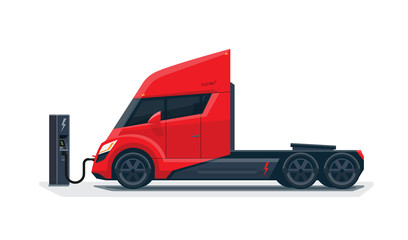 Flat vector illustration of a abstract futuristic red electric semi trailer truck in modern design with sleeper cabin charging at the charger station. Isolated on white background in cartoon style. 