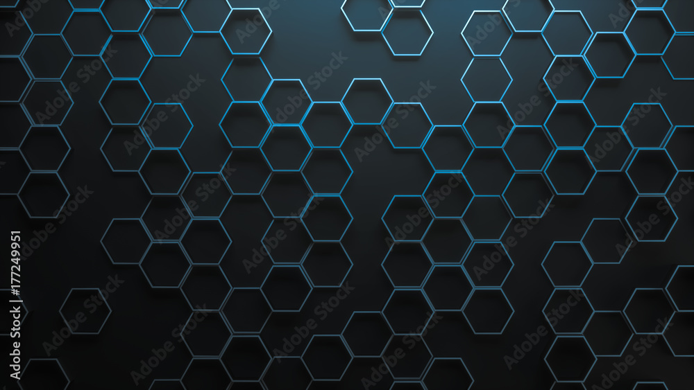 Poster blue abstract hexagonal geometric background. structure of a many number of shining metal hexagons o