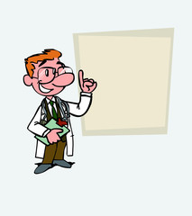 happy White doctor with glasses is showing, as in a presentation, the data you want. He has a folder in his hand.