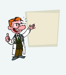 Happy white doctor makes the gesture of ok. Is showing, as in a presentation, the data you want.