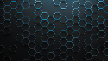 Blue abstract hexagonal geometric background. Structure of a many number of shining metal hexagons on black plane. 3d rendering - obrazy, fototapety, plakaty