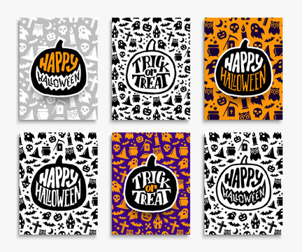 Happy Halloween backgrounds. Trick or Treat text lettering on pumpkin. Set of greeting cards vector templates with pumpkin, bats, ghost, skull and other spooky icons.
