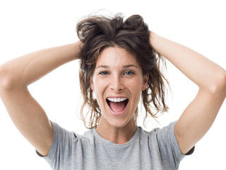 Cheerful woman with messy hair