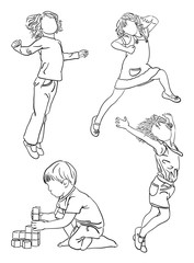 Kids playing, line art, vector, illustration. Good use for symbol, logo, web icon, mascot, sign, or any design you want.