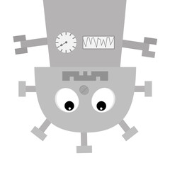 Robot body hanging upside down. Screw nose, clock heart, mouth with tooth. Cute vintage cartoon character. Gray metal. Baby collection. Flat design. White background. Isolated.