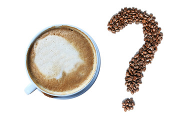 Naklejka premium Cappuccino cup of coffee and question mark made of roasted espresso coffee beans isolated on white background. Concept for coffee break, pause, refreshments, break between meetings