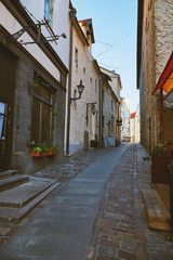 One of the streets of the old city of Tallinn, Estonia without people on a bright sunny day