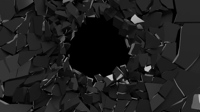 Abstract 3d rendering of shattered black surface. destructed wall.