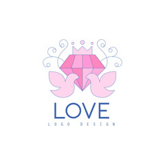 Cute line logo design with love doves and diamond