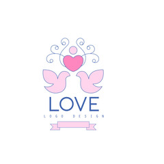 Wedding line logo with love doves, heart and curlicue