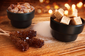 Sugar variations on a wooden table